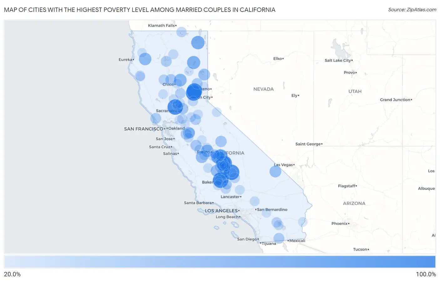 Cities with the Highest Poverty Level Among Married Couples in California Map