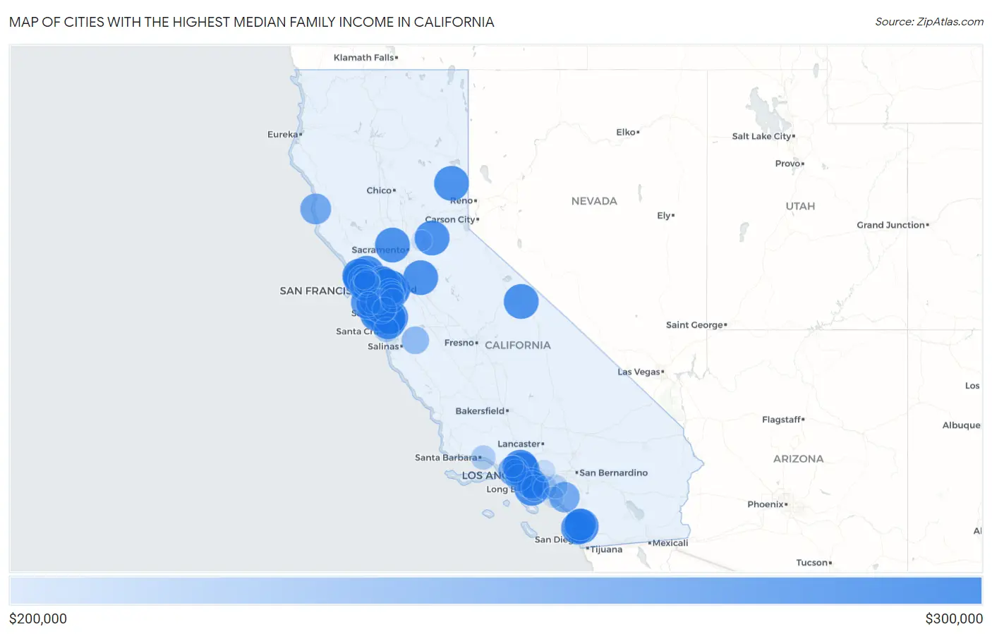 Cities with the Highest Median Family Income in California Map