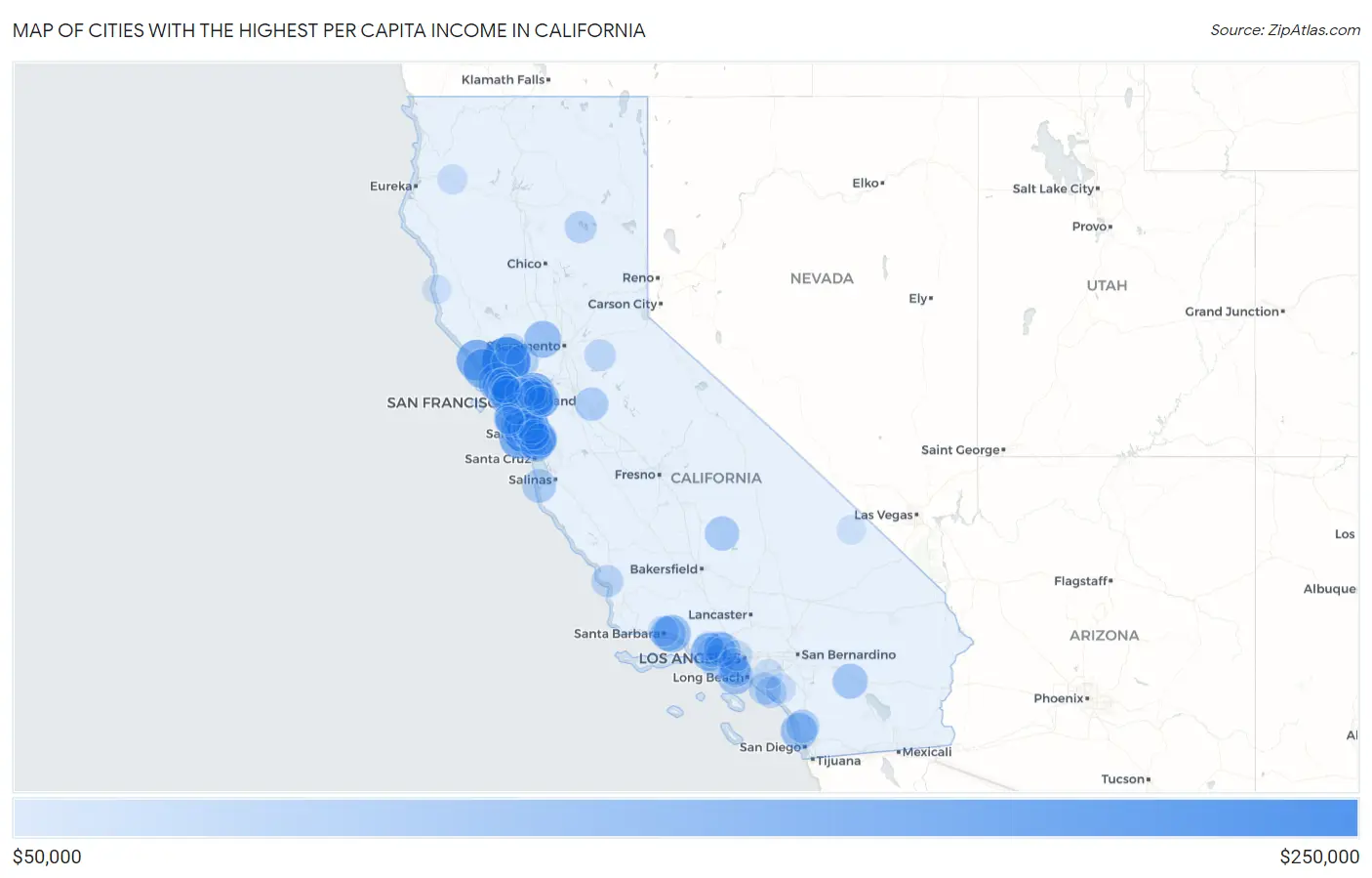 Cities with the Highest Per Capita Income in California Map