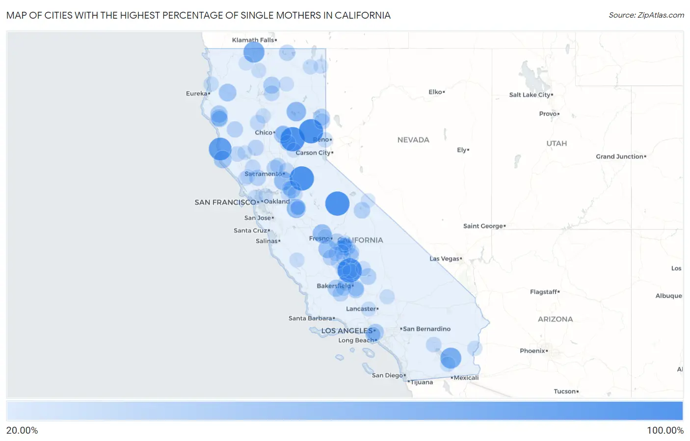 Cities with the Highest Percentage of Single Mothers in California Map