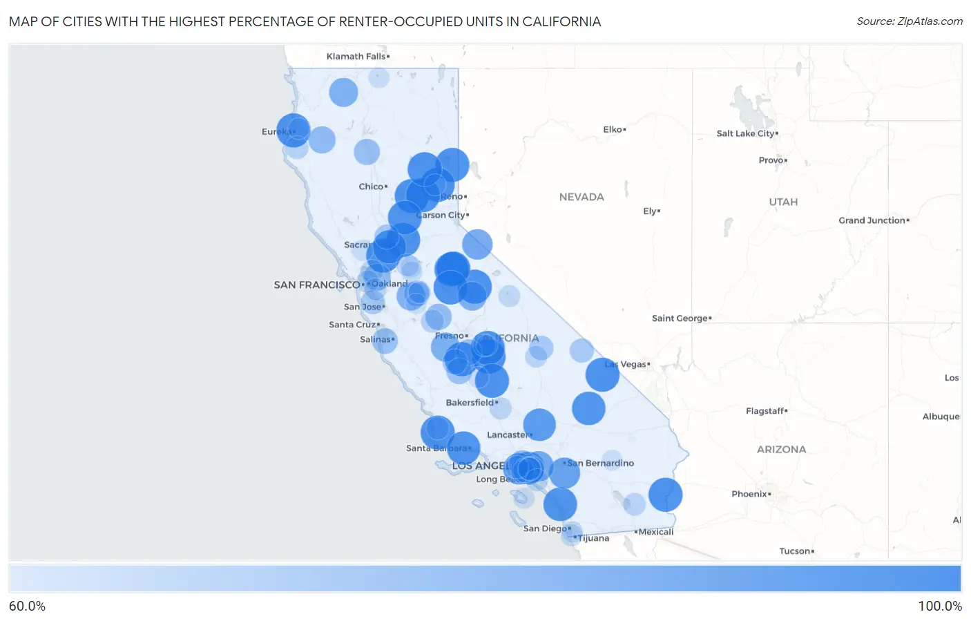 Cities with the Highest Percentage of Renter-Occupied Units in California Map