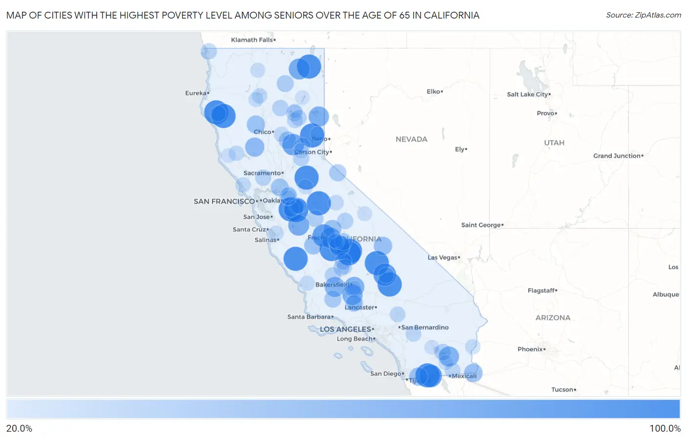 Cities with the Highest Poverty Level Among Seniors Over the Age of 65 in California Map
