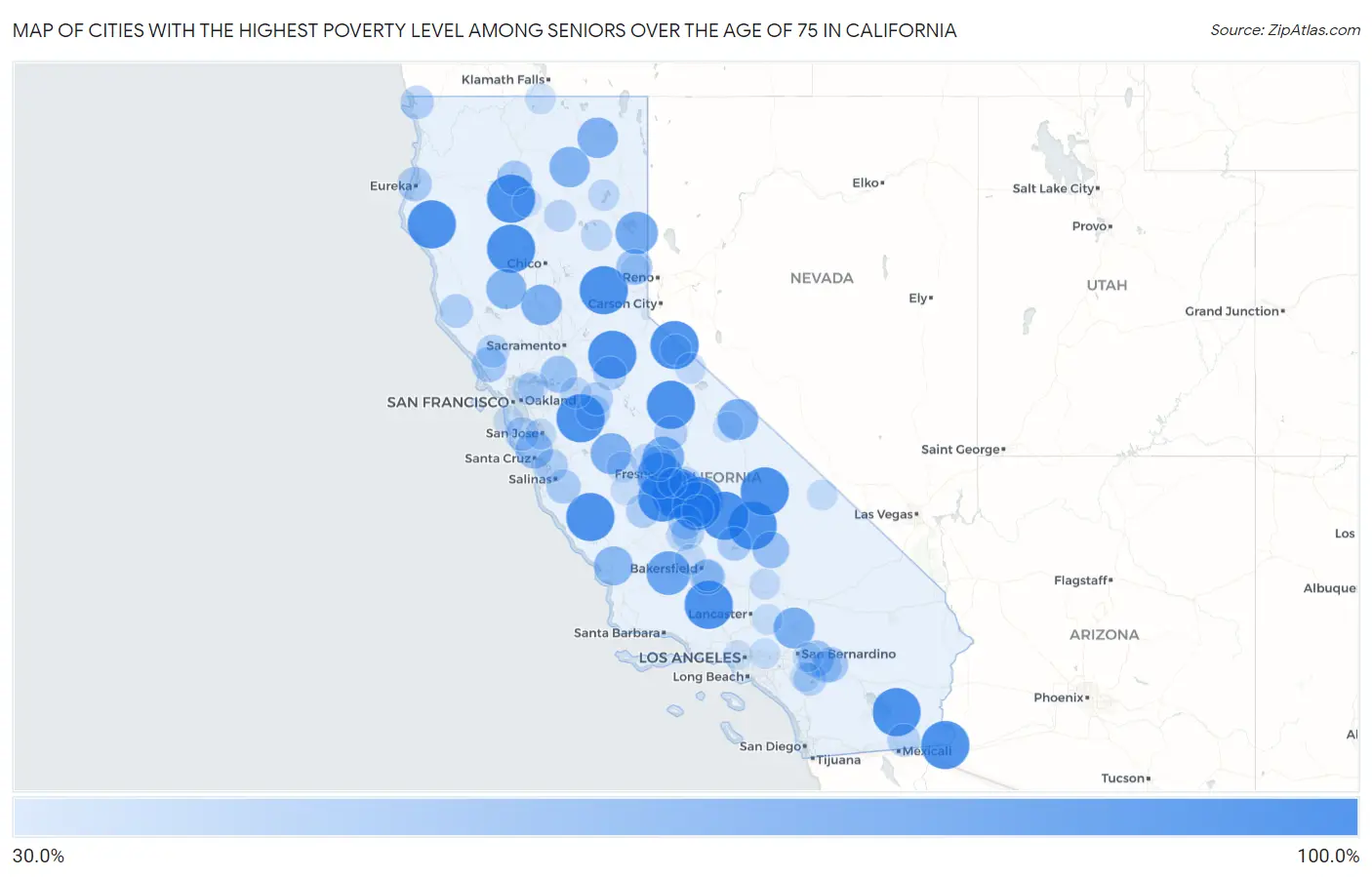 Cities with the Highest Poverty Level Among Seniors Over the Age of 75 in California Map