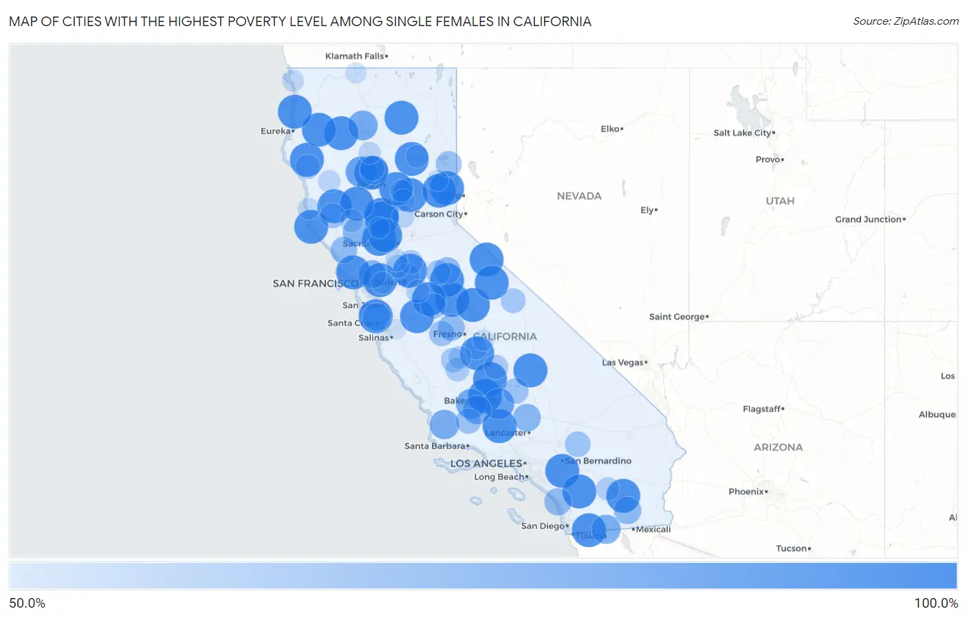 Cities with the Highest Poverty Level Among Single Females in California Map