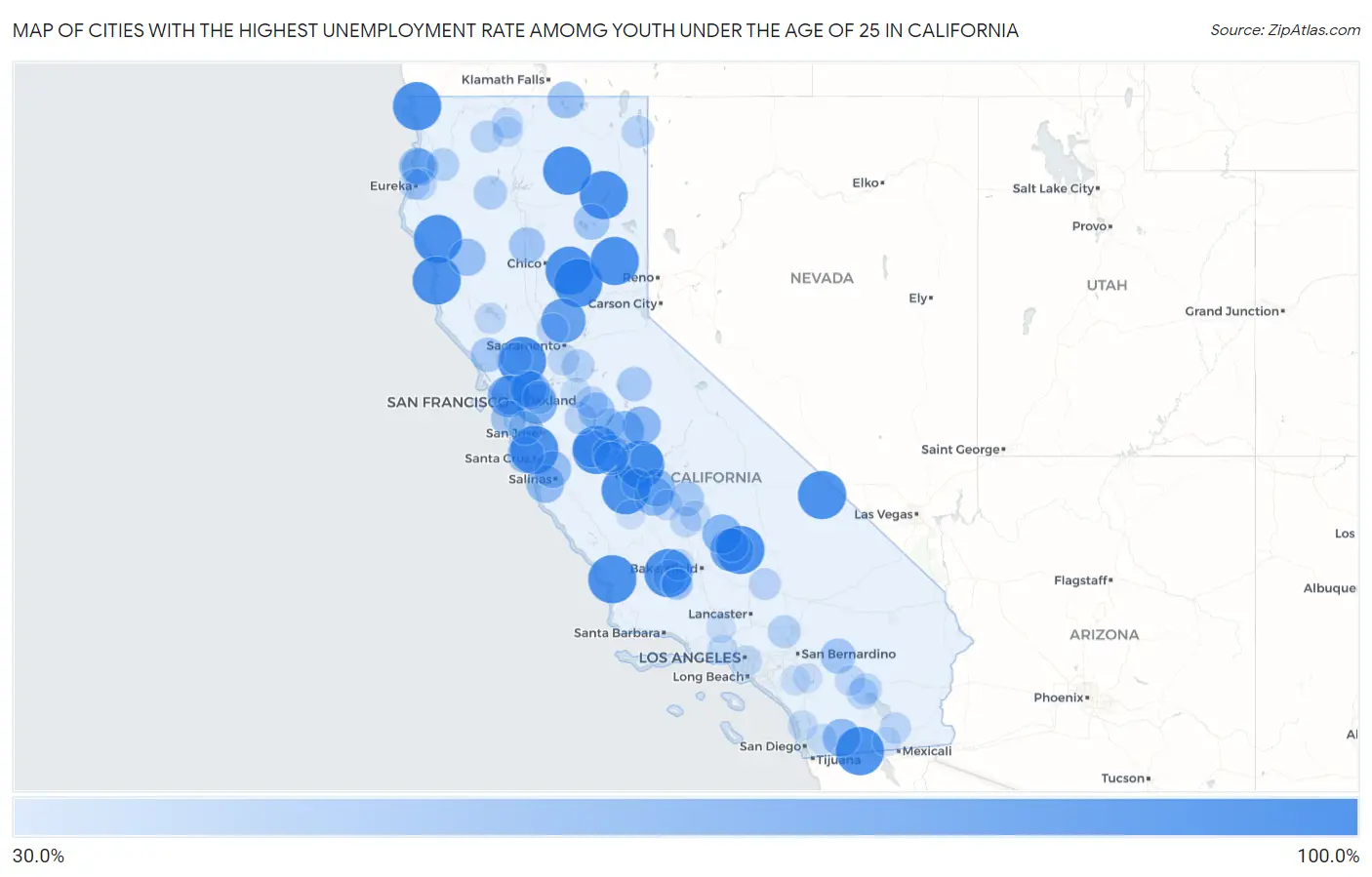 Cities with the Highest Unemployment Rate Amomg Youth Under the Age of 25 in California Map