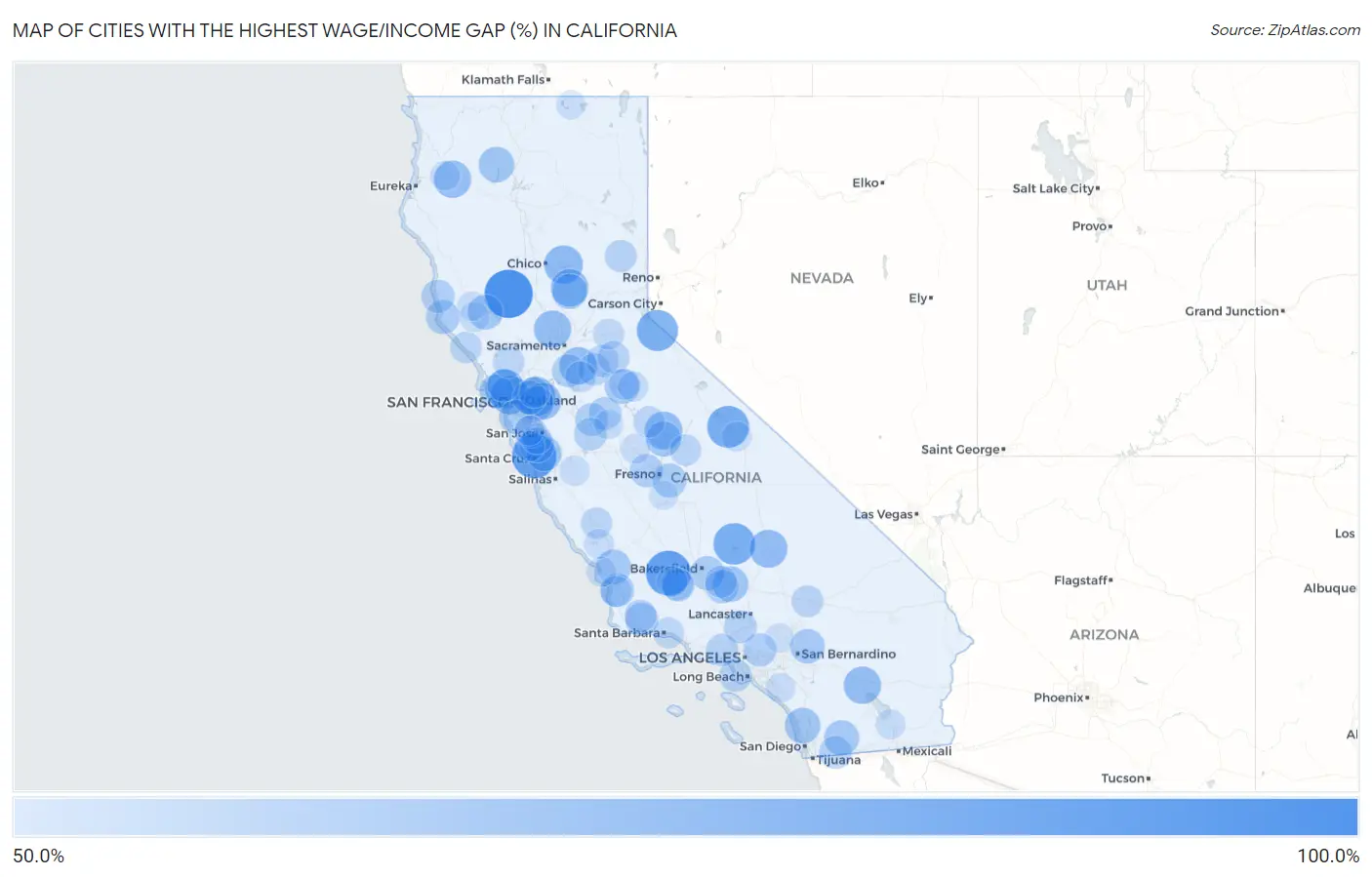 Cities with the Highest Wage/Income Gap (%) in California Map