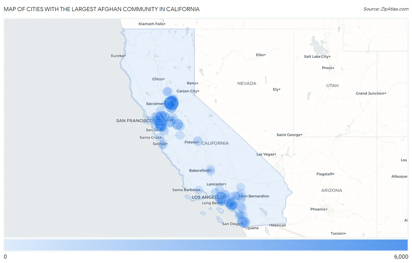 Cities with the Largest Afghan Community in California Map