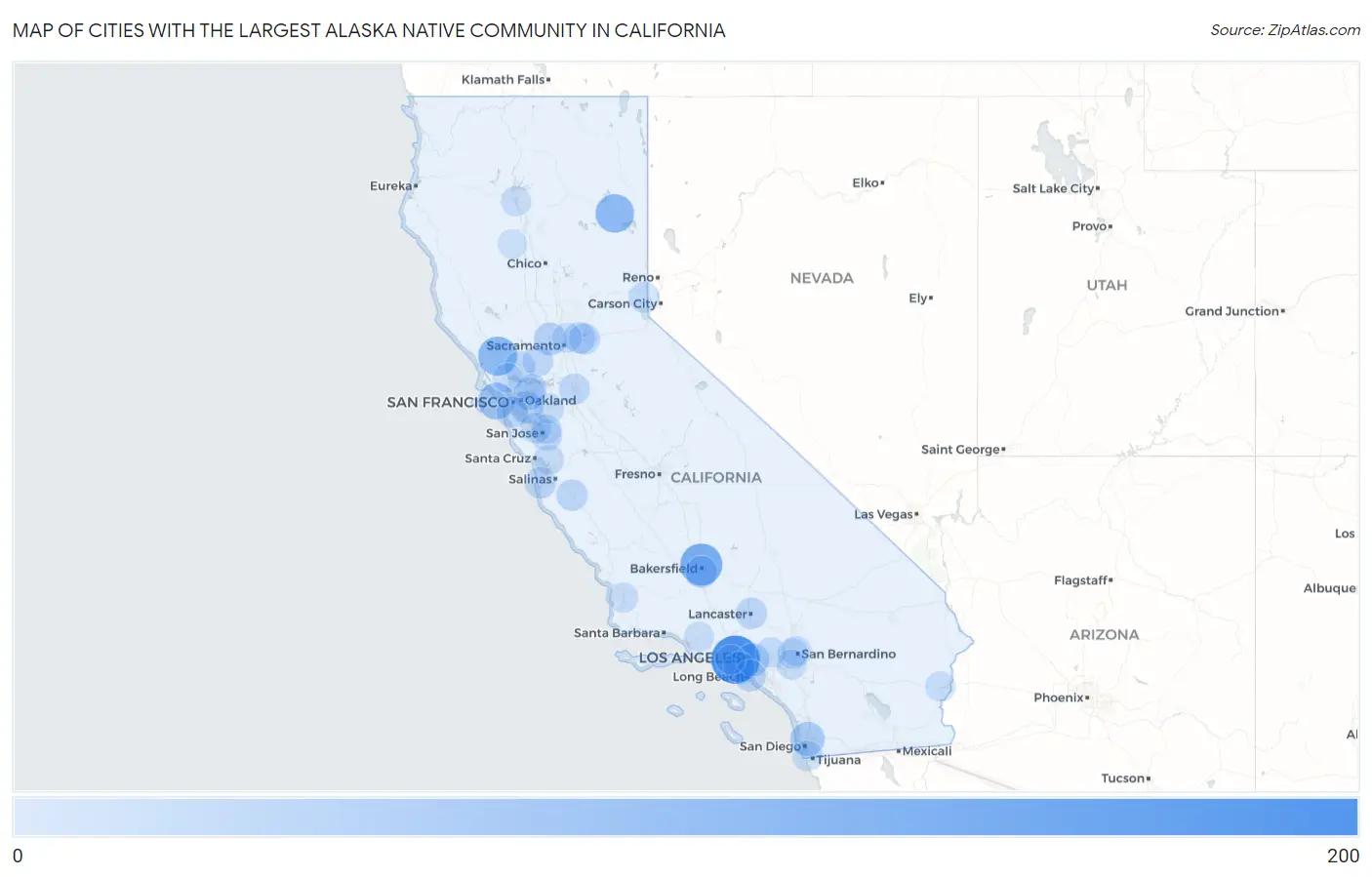 Cities with the Largest Alaska Native Community in California Map