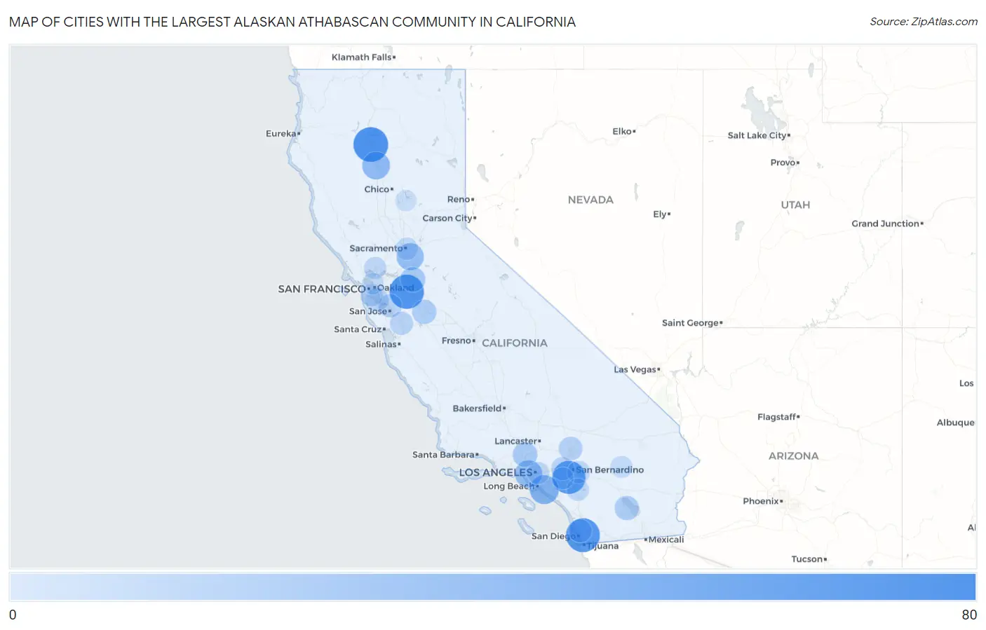 Cities with the Largest Alaskan Athabascan Community in California Map