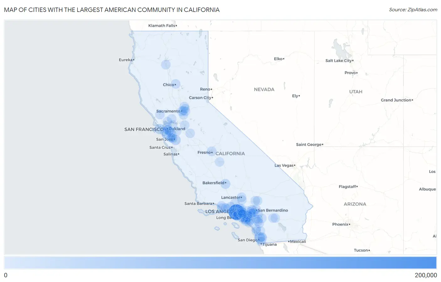 Cities with the Largest American Community in California Map