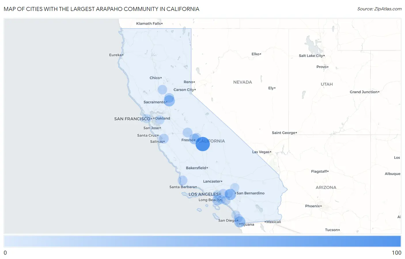 Cities with the Largest Arapaho Community in California Map