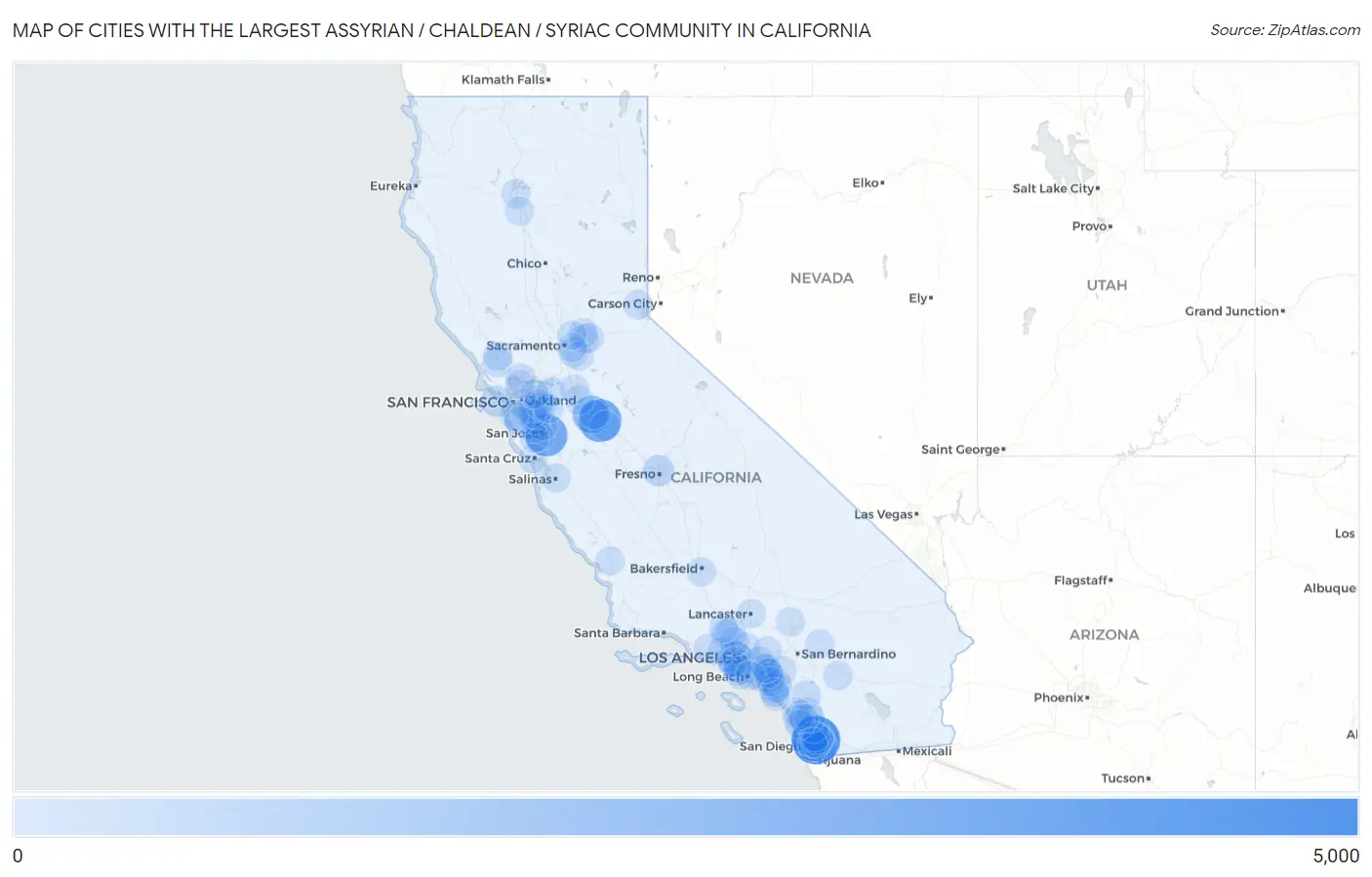 Cities with the Largest Assyrian / Chaldean / Syriac Community in California Map