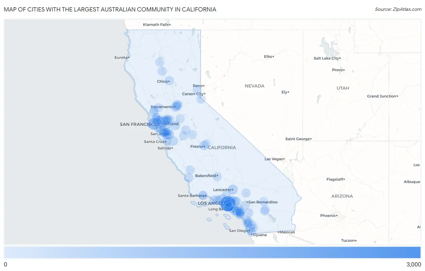 Cities with the Largest Australian Community in California Map