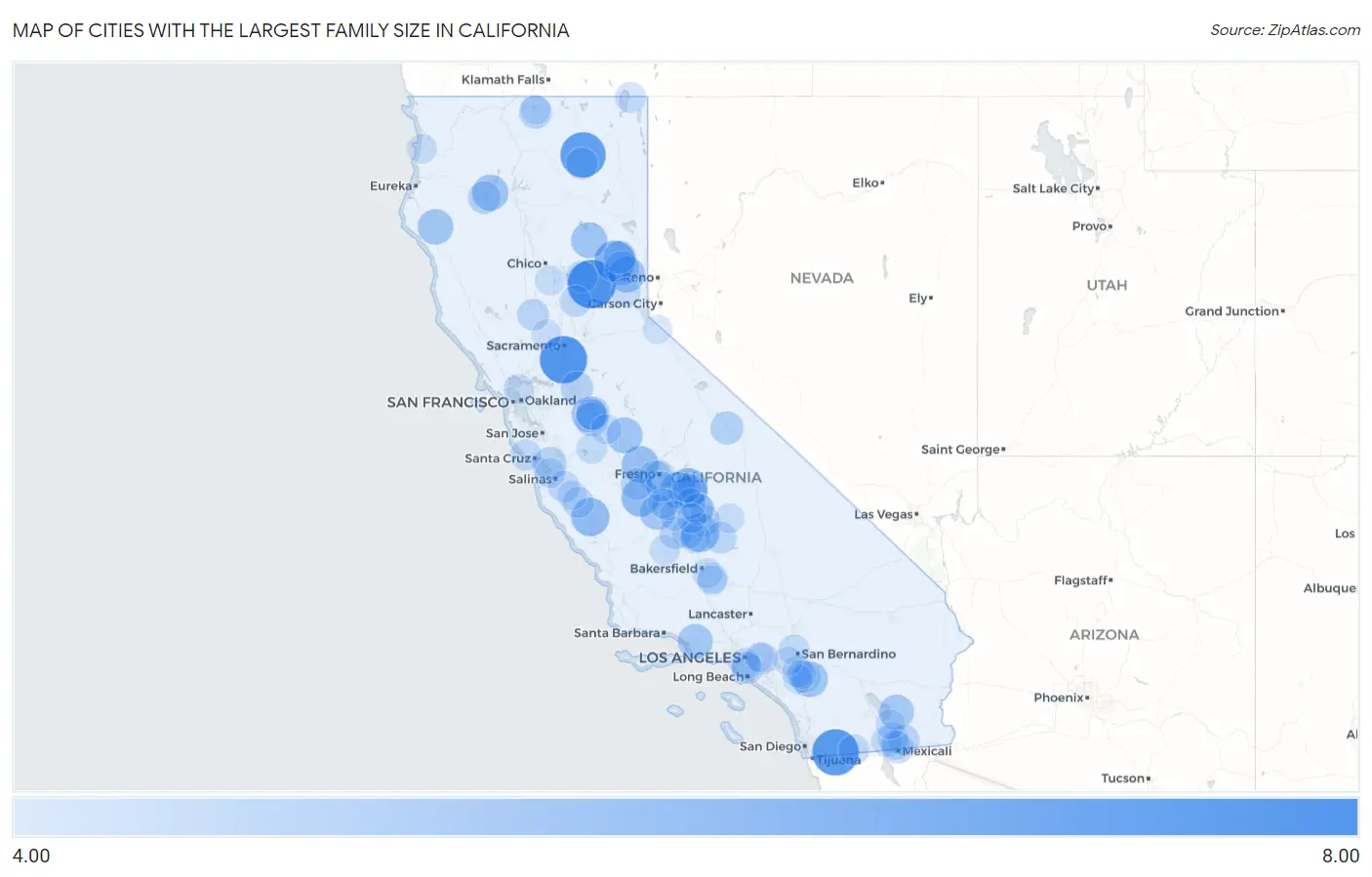 Cities with the Largest Family Size in California Map