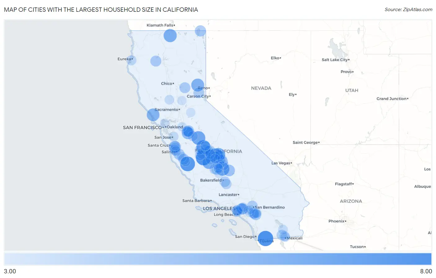 Cities with the Largest Household Size in California Map