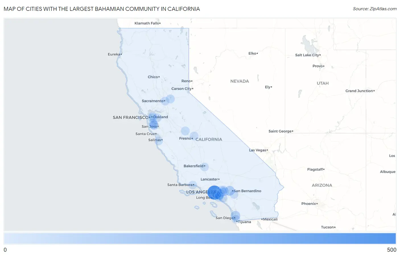 Cities with the Largest Bahamian Community in California Map