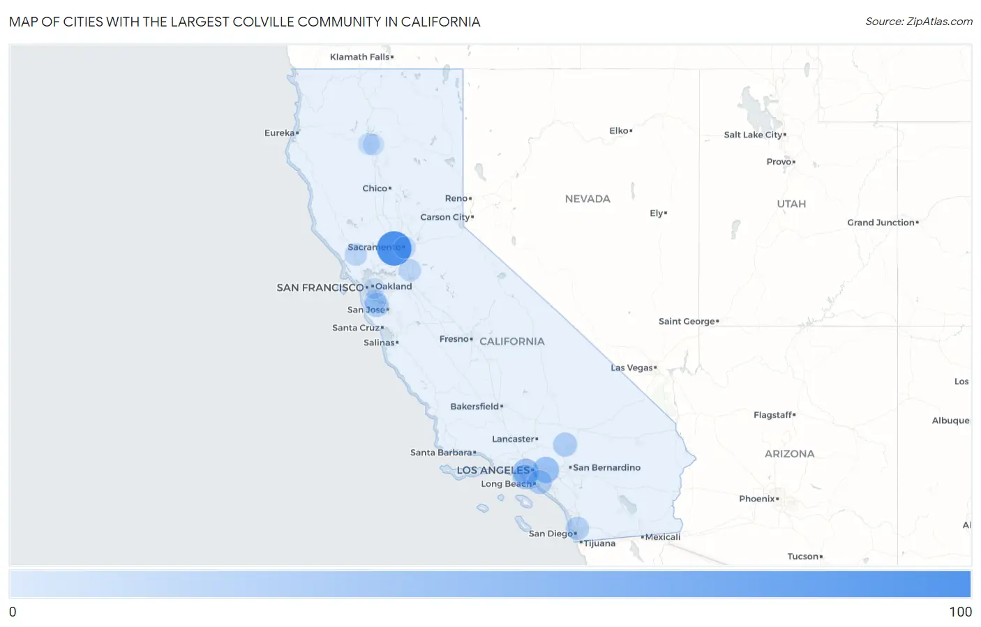 Cities with the Largest Colville Community in California Map