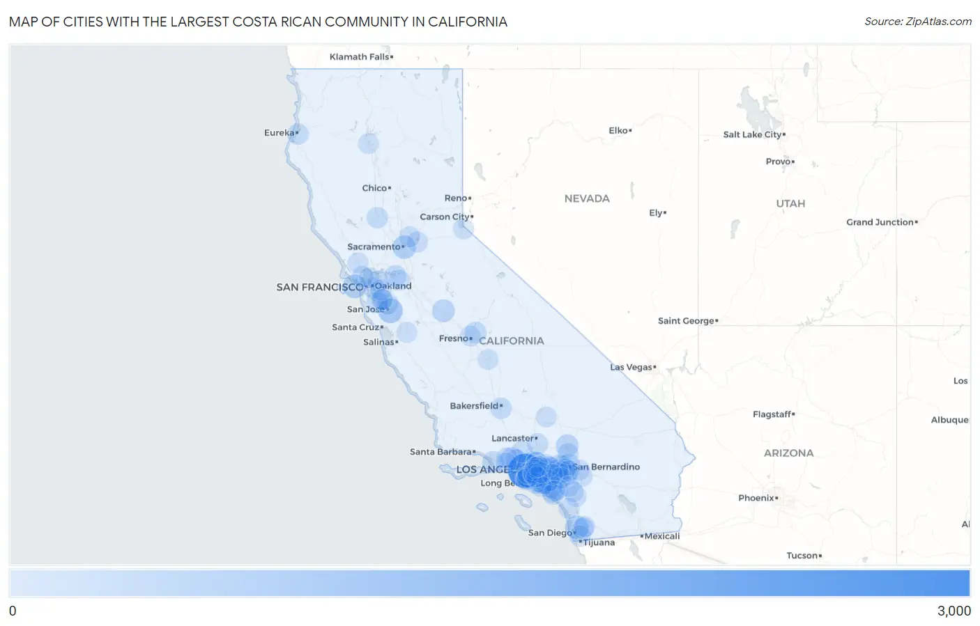 Cities with the Largest Costa Rican Community in California Map