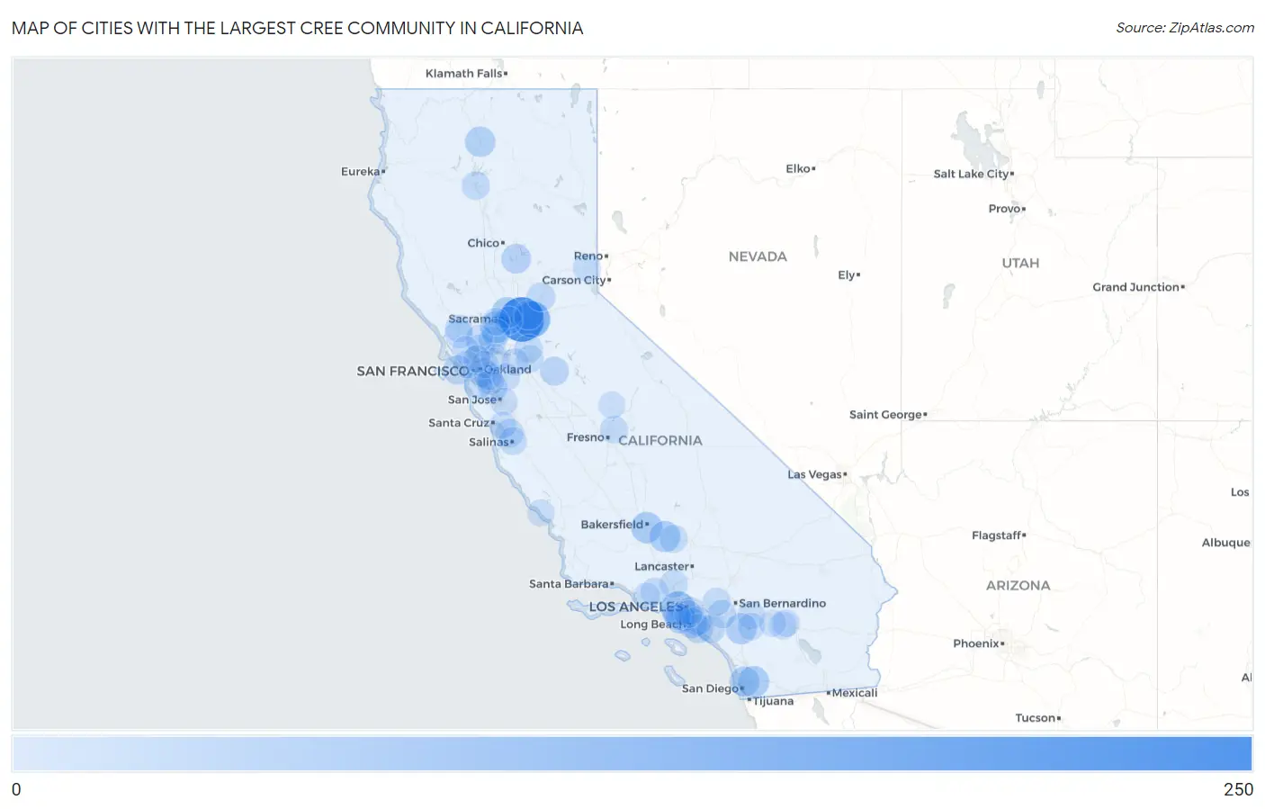 Cities with the Largest Cree Community in California Map