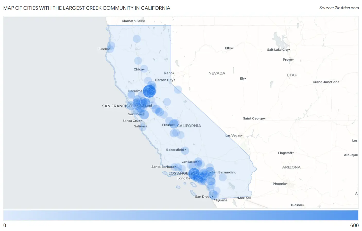 Cities with the Largest Creek Community in California Map