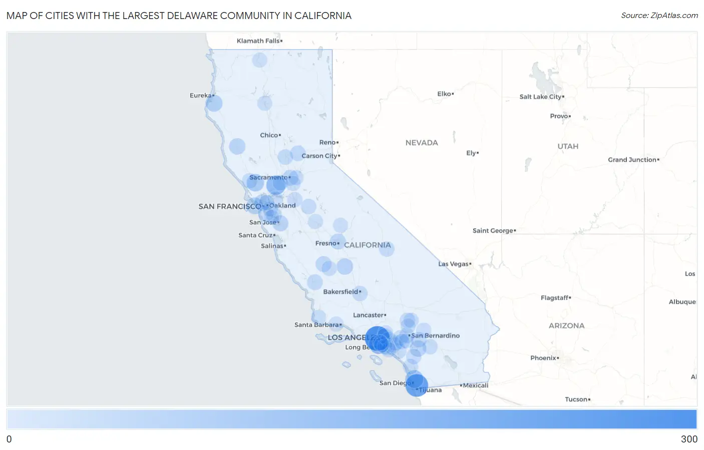 Cities with the Largest Delaware Community in California Map