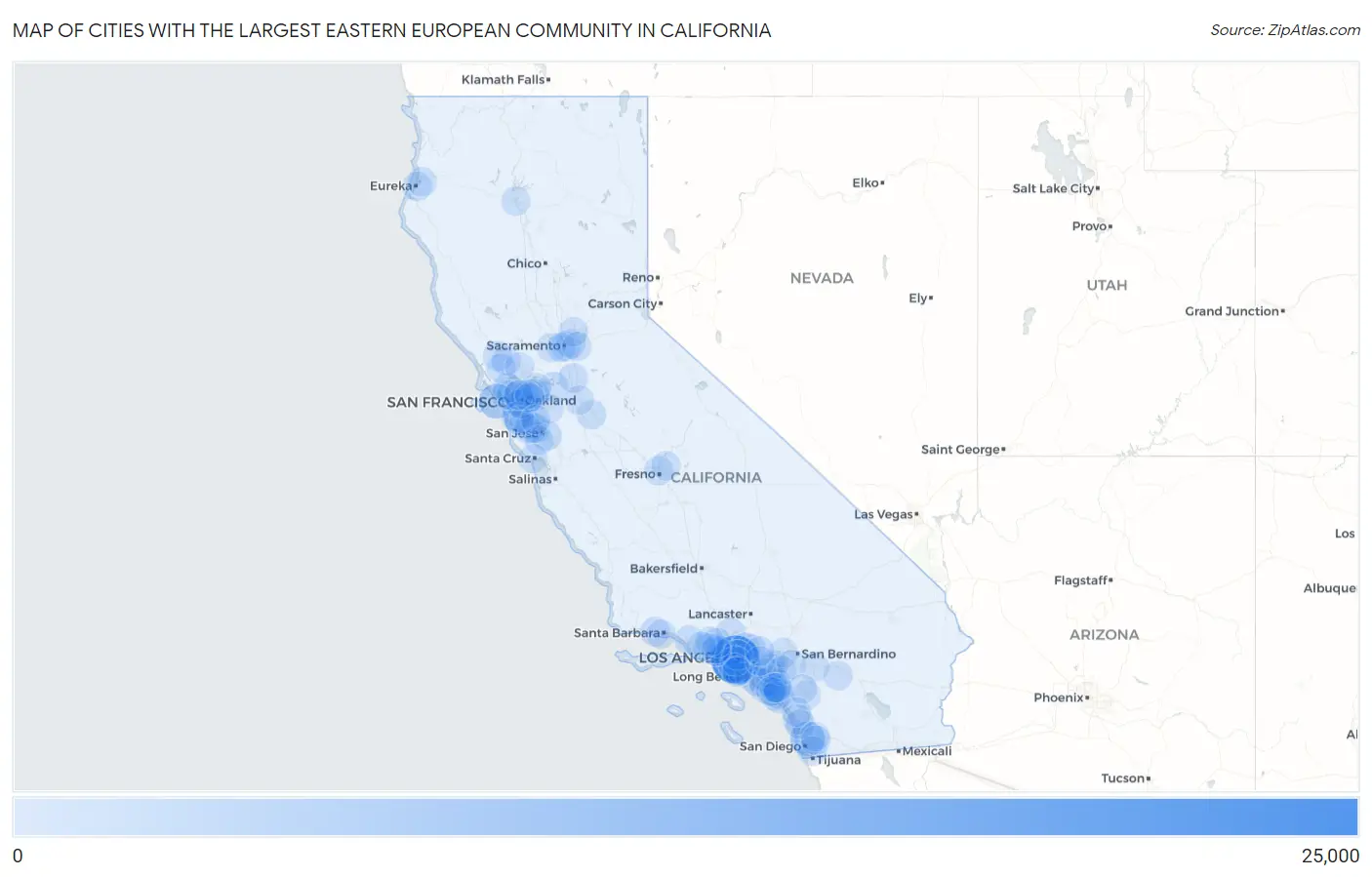 Cities with the Largest Eastern European Community in California Map