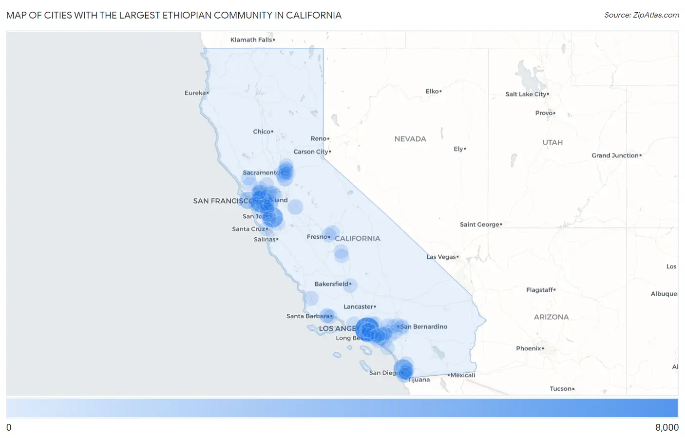 Cities with the Largest Ethiopian Community in California Map
