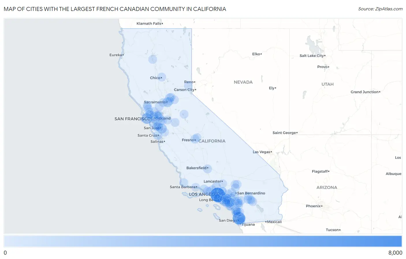 Cities with the Largest French Canadian Community in California Map