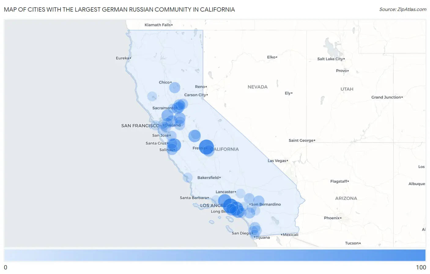 Cities with the Largest German Russian Community in California Map