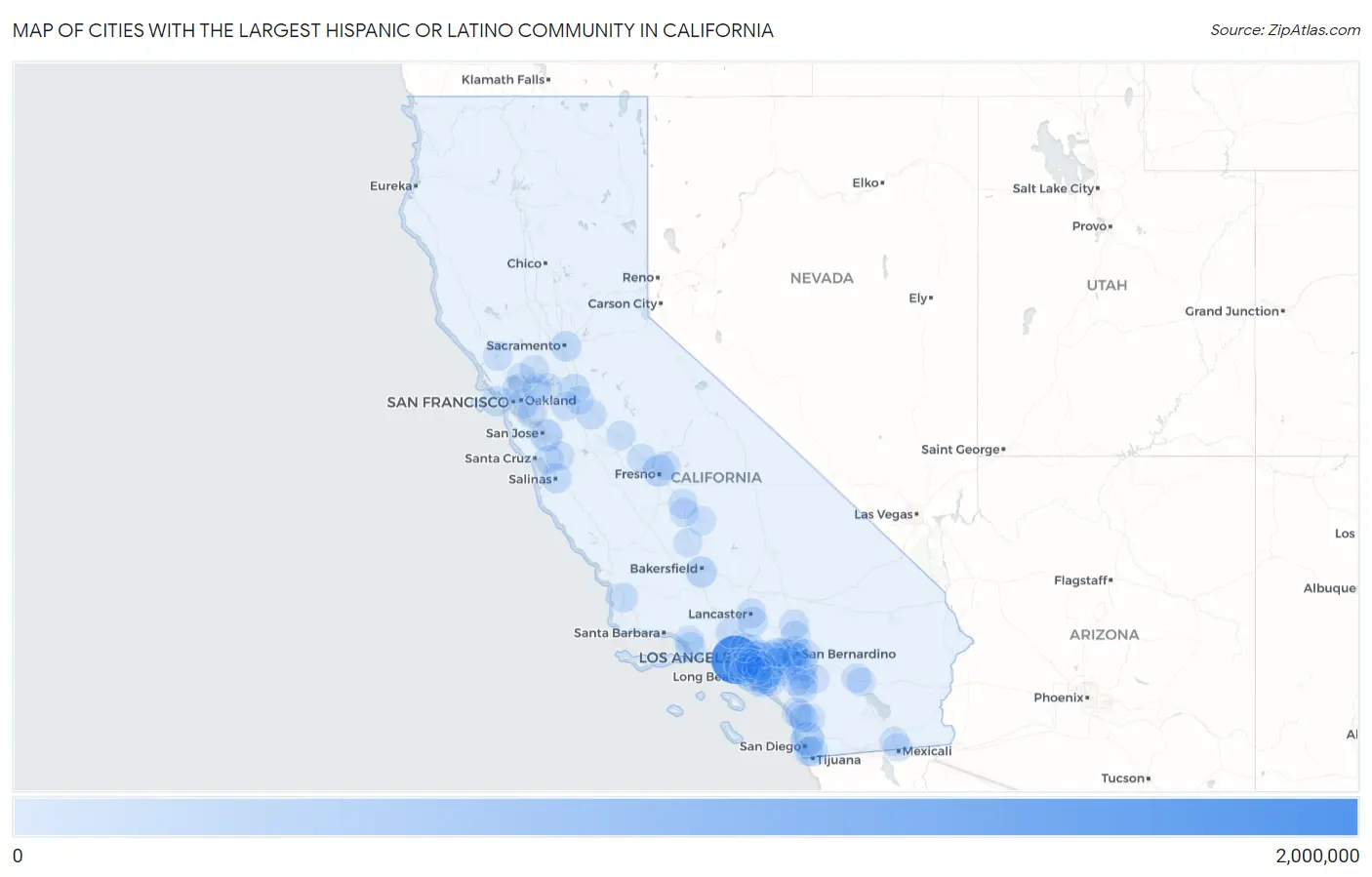 Cities with the Largest Hispanic or Latino Community in California Map