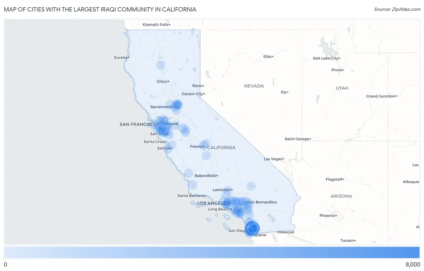 Cities with the Largest Iraqi Community in California Map