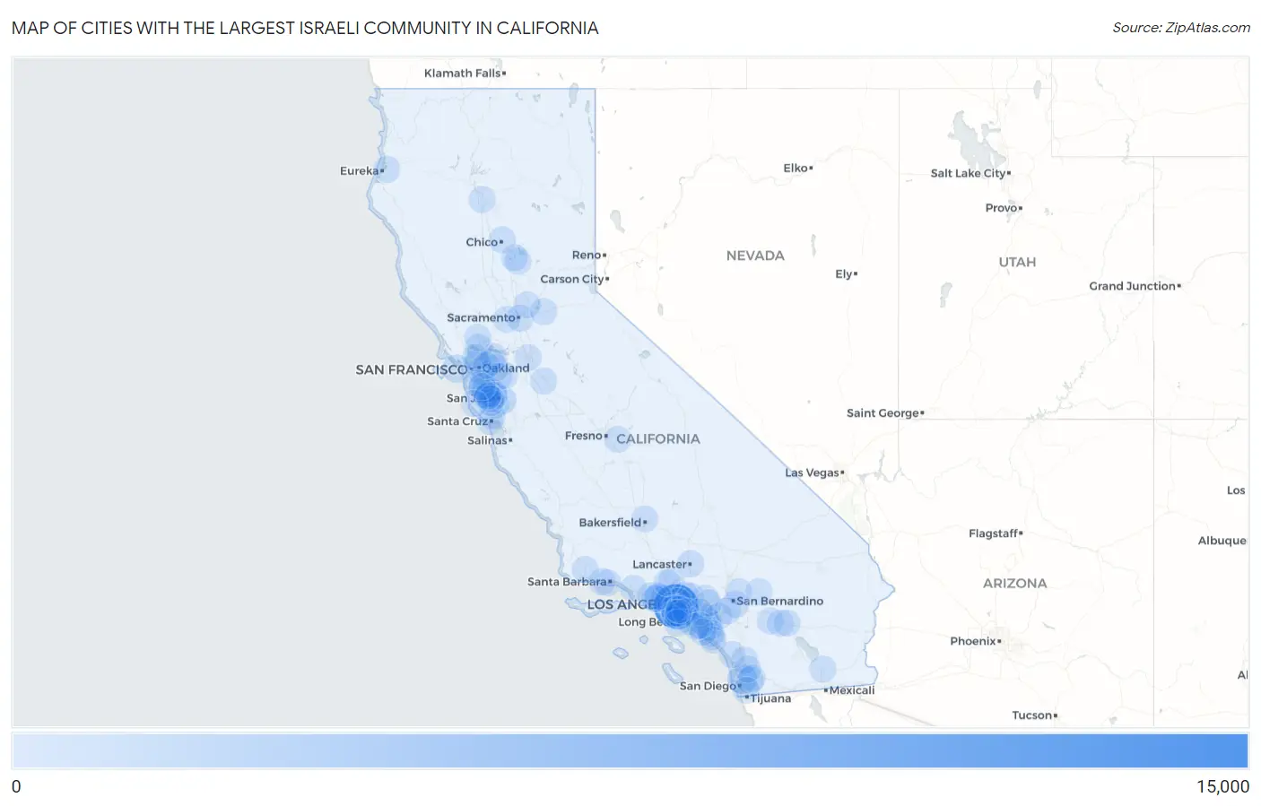 Cities with the Largest Israeli Community in California Map