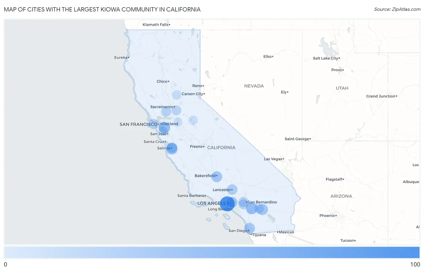 Cities with the Largest Kiowa Community in California Map