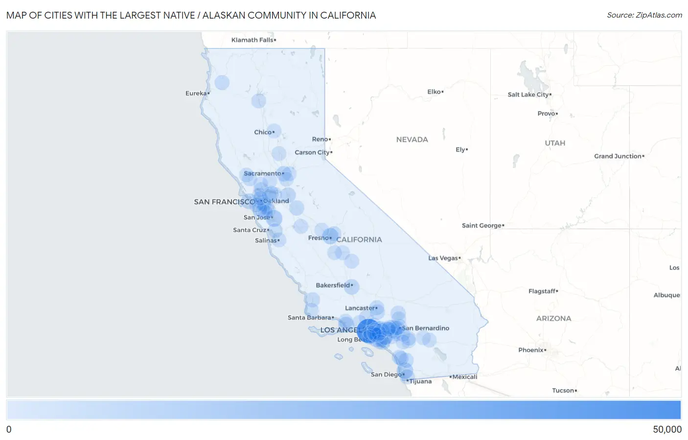 Cities with the Largest Native / Alaskan Community in California Map