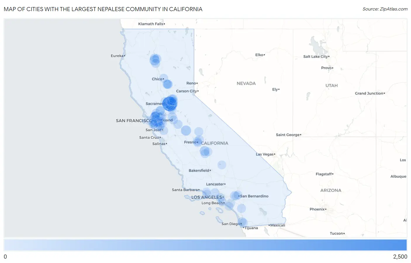 Cities with the Largest Nepalese Community in California Map