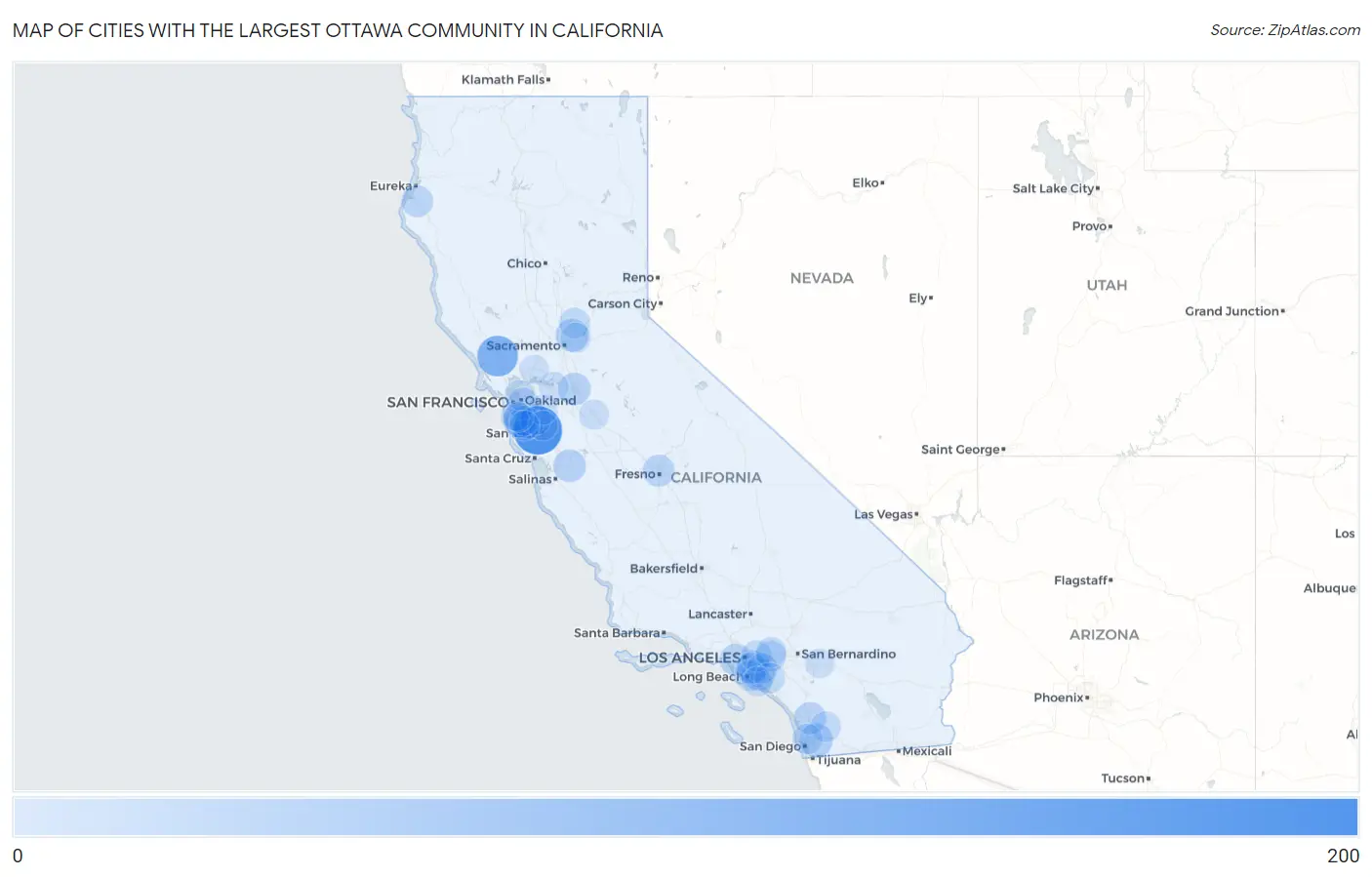 Cities with the Largest Ottawa Community in California Map