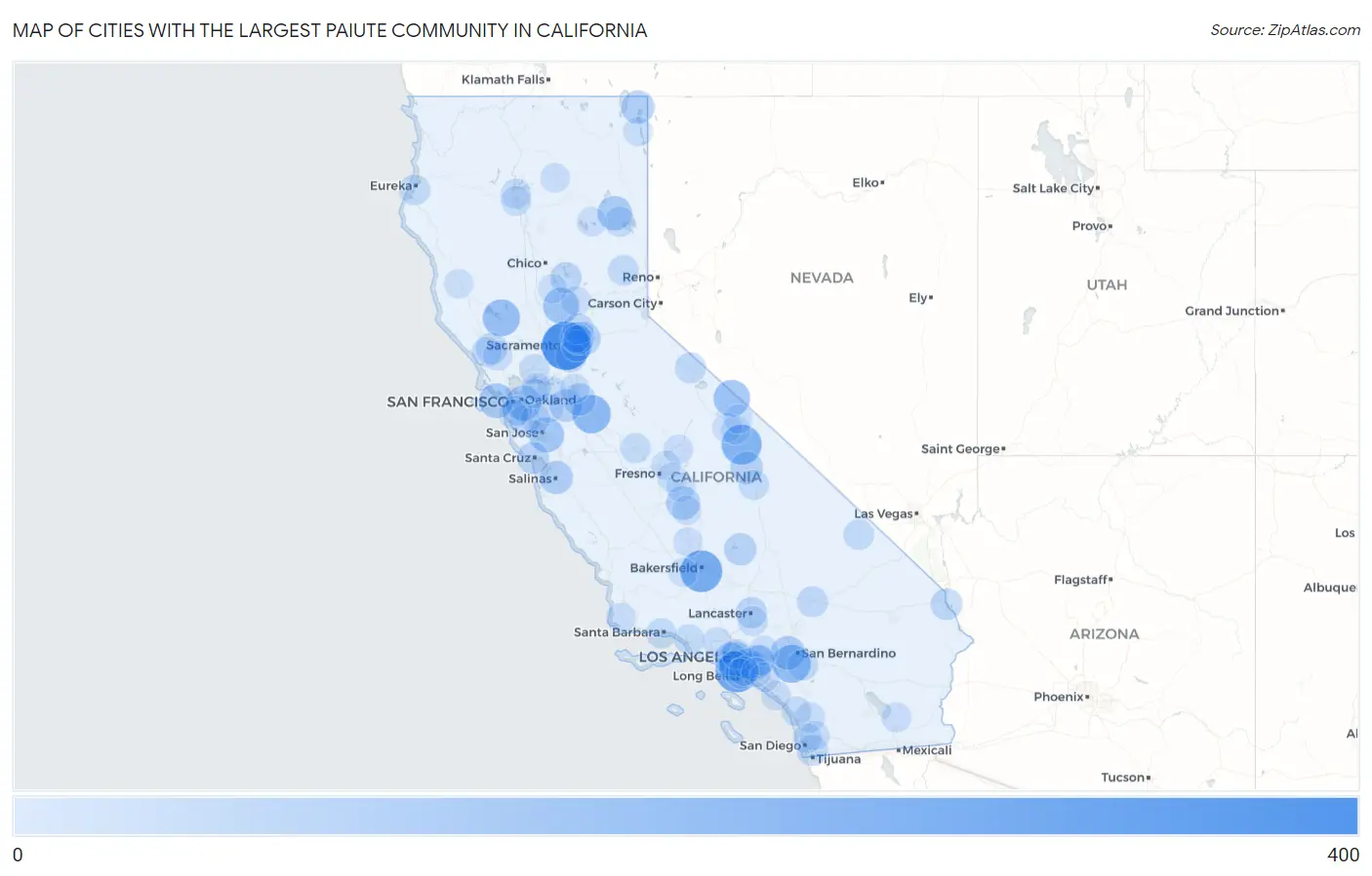 Cities with the Largest Paiute Community in California Map