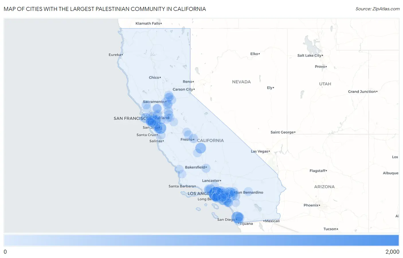 Cities with the Largest Palestinian Community in California Map