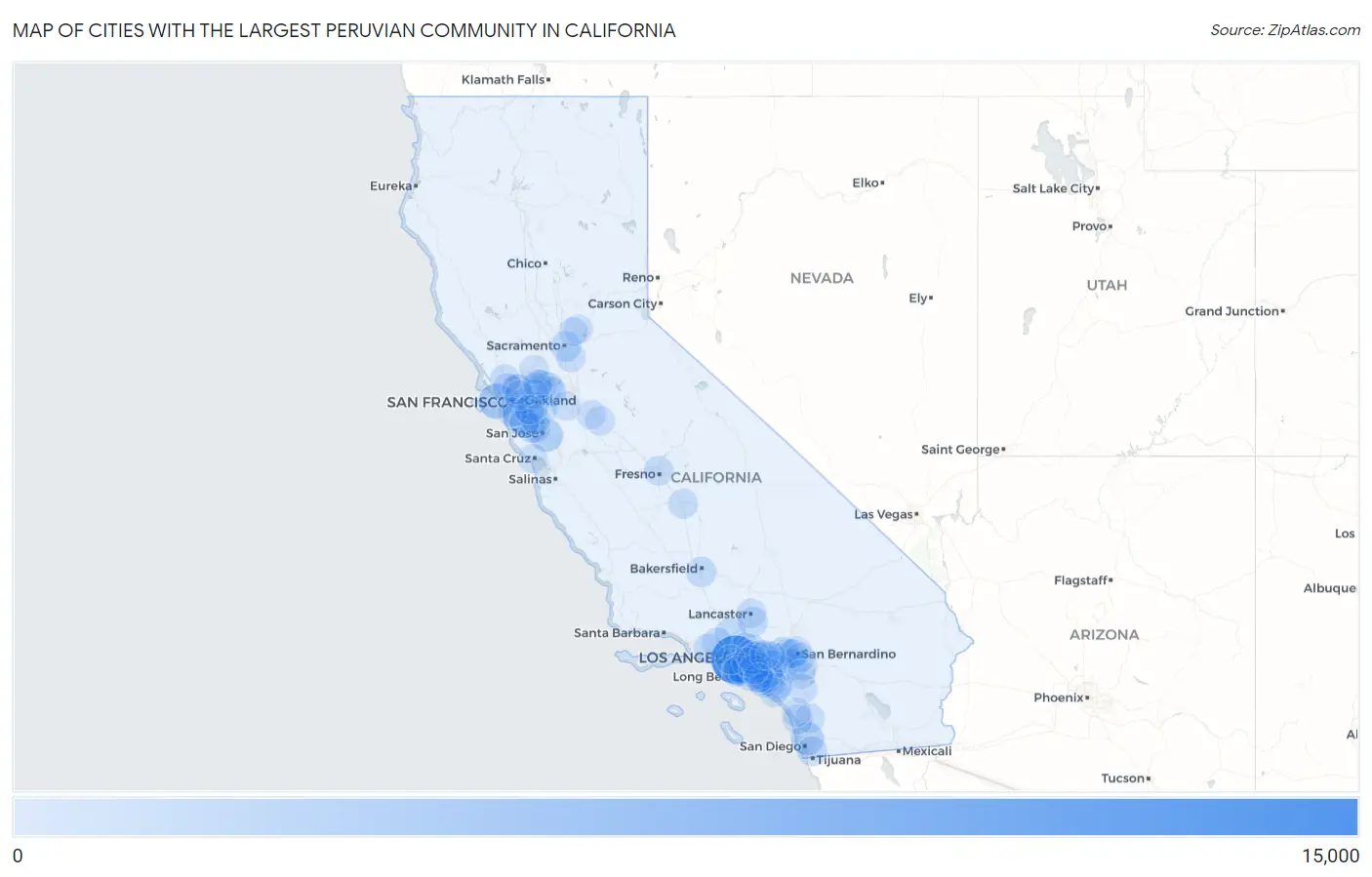 Cities with the Largest Peruvian Community in California Map