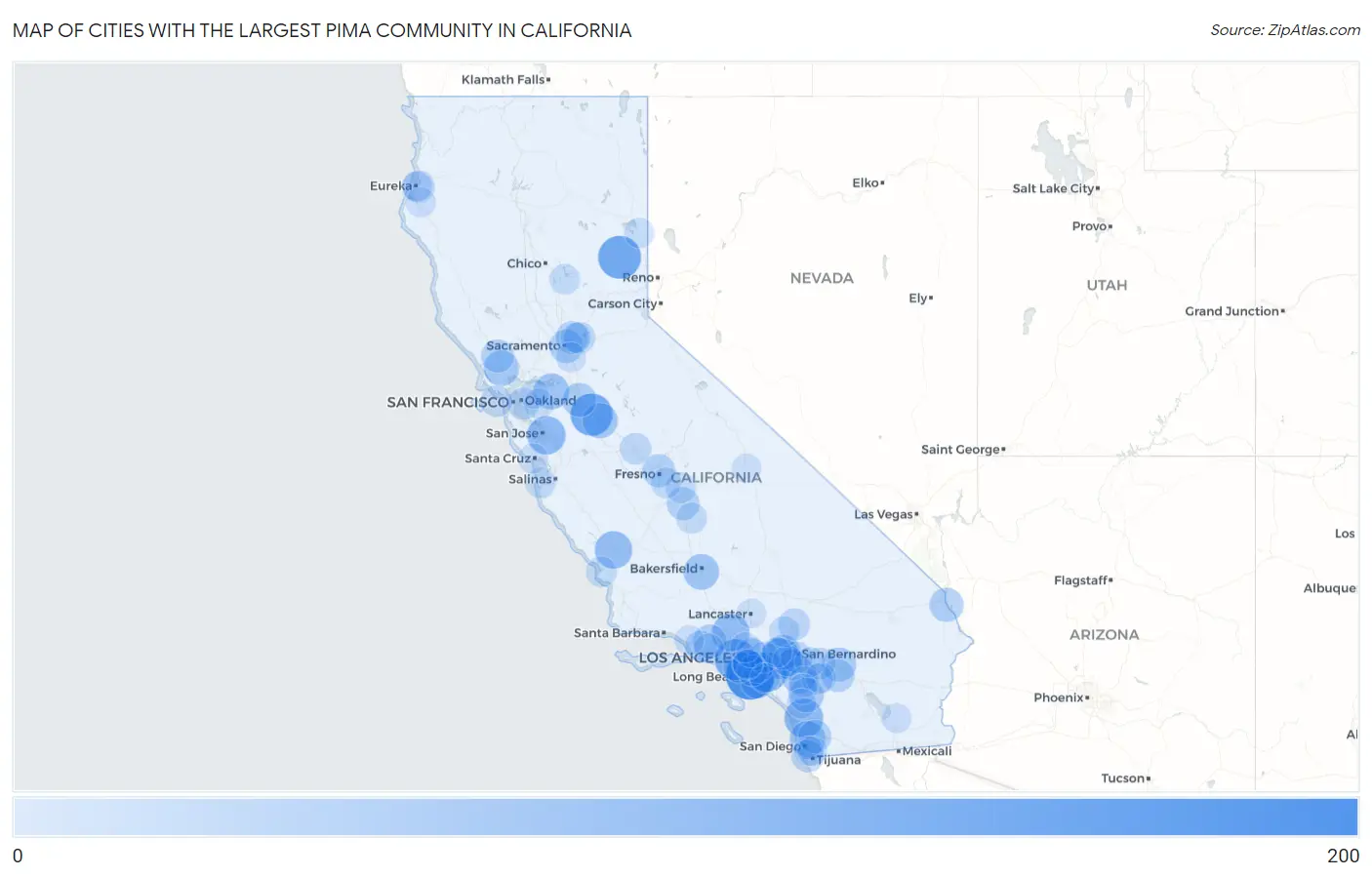 Cities with the Largest Pima Community in California Map