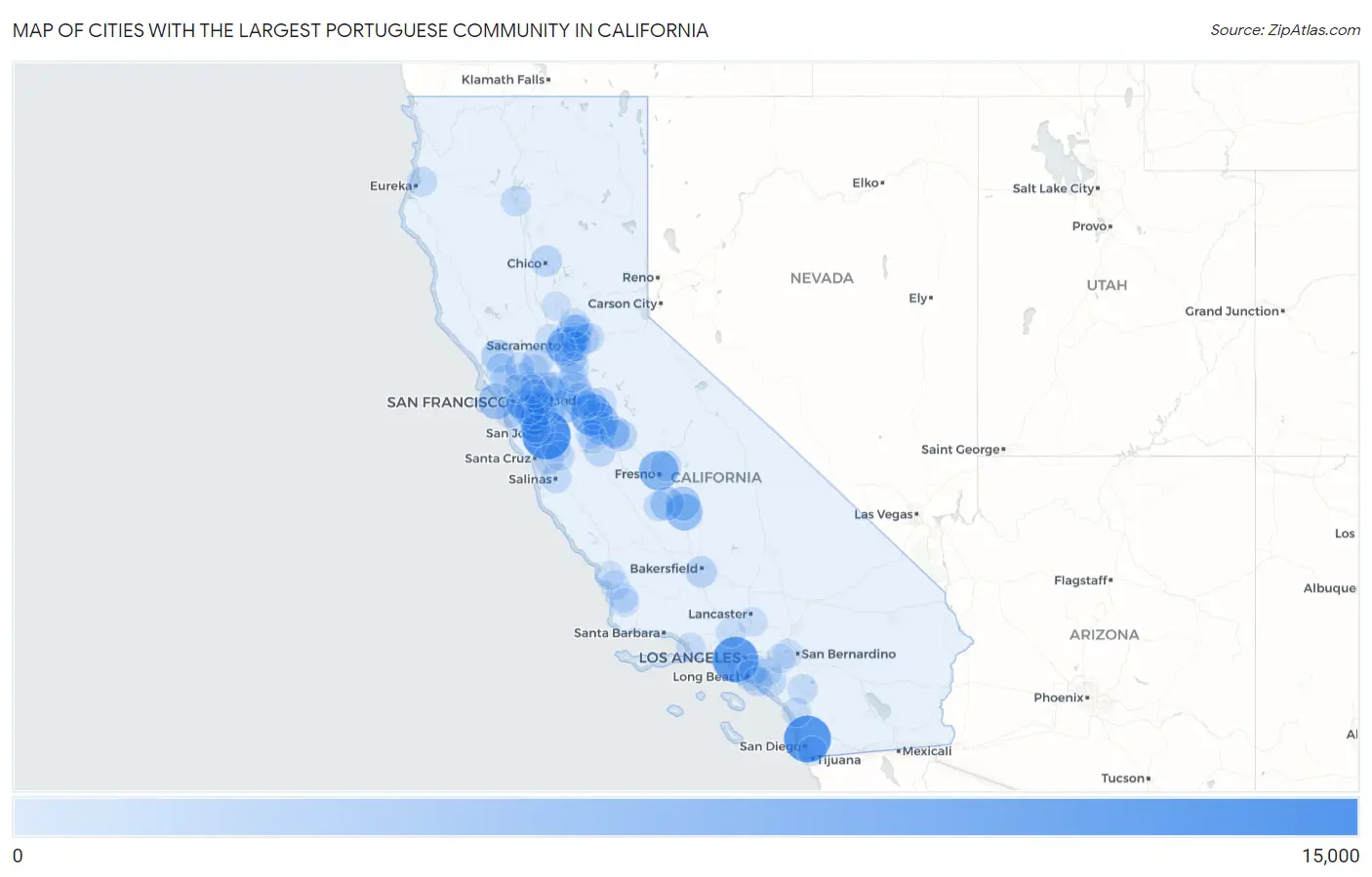Cities with the Largest Portuguese Community in California Map