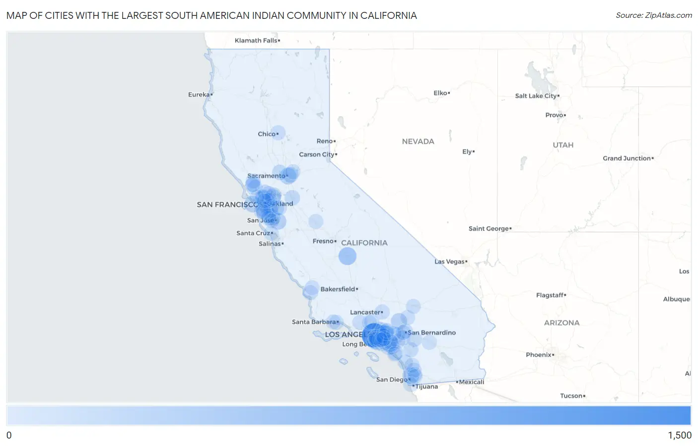 Cities with the Largest South American Indian Community in California Map