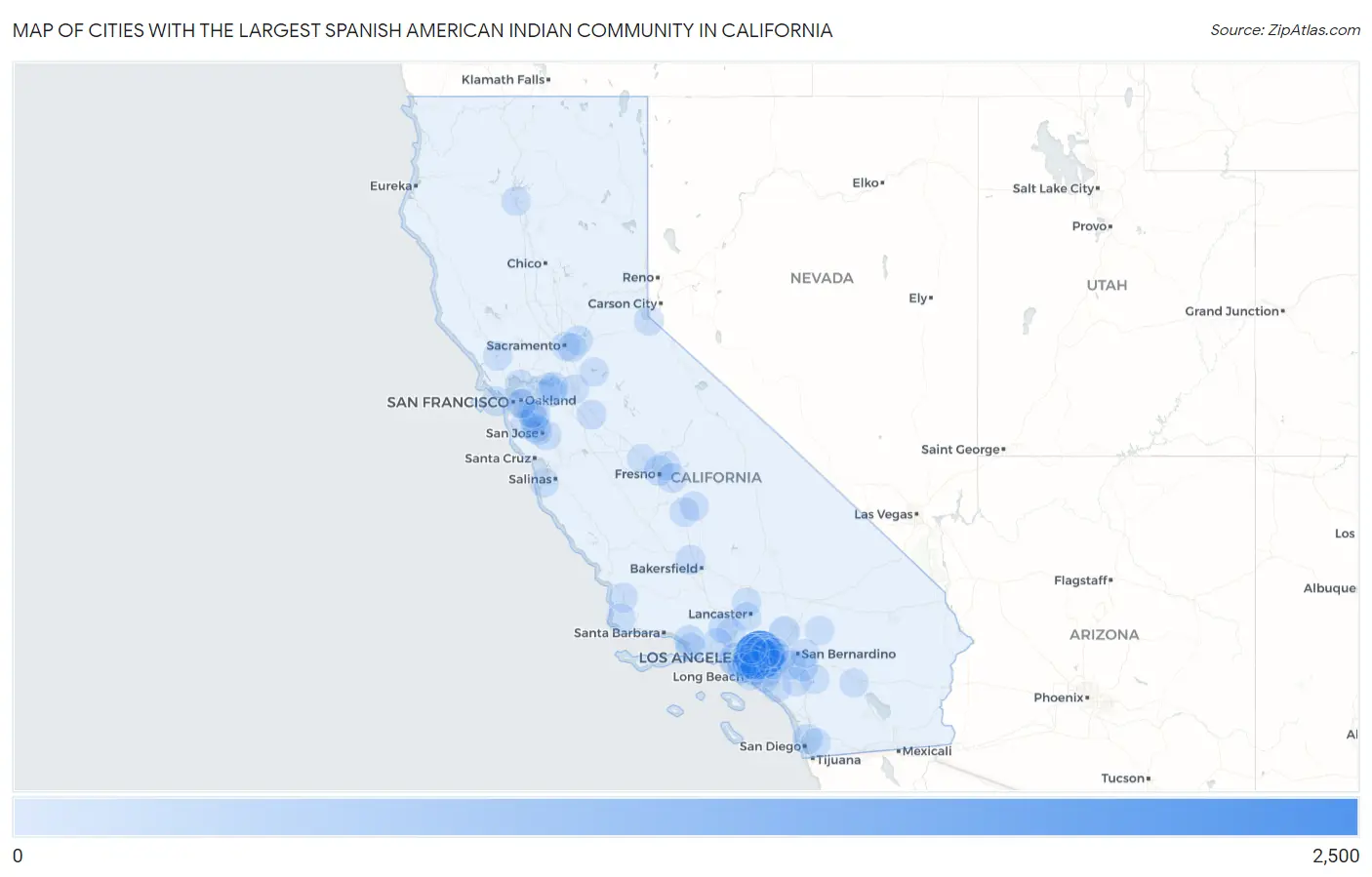 Cities with the Largest Spanish American Indian Community in California Map