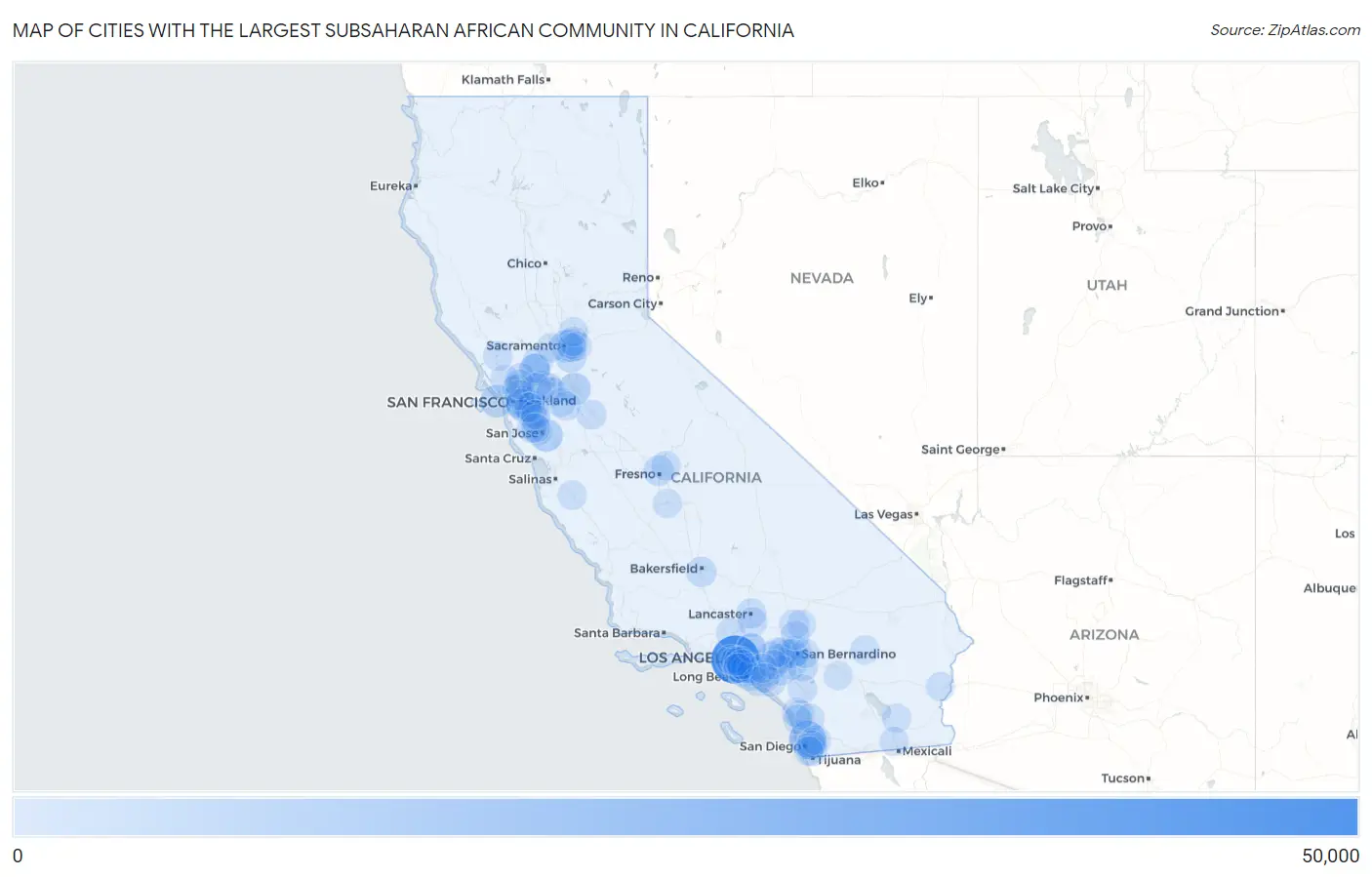 Cities with the Largest Subsaharan African Community in California Map