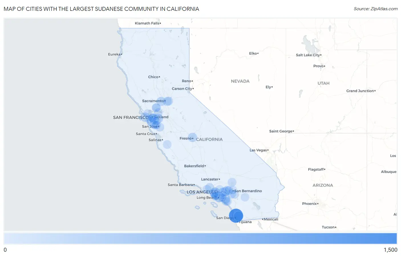 Cities with the Largest Sudanese Community in California Map