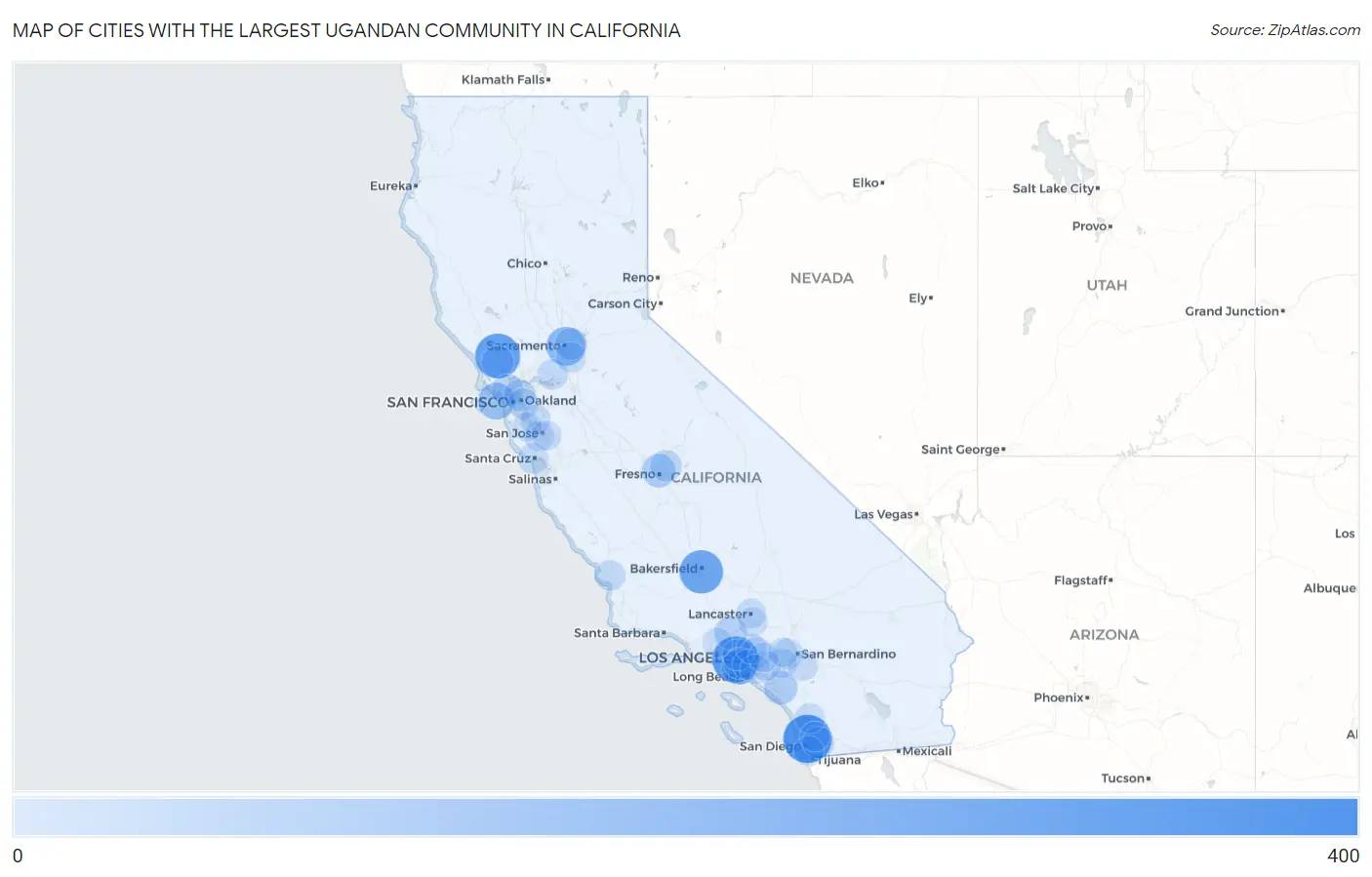 Cities with the Largest Ugandan Community in California Map