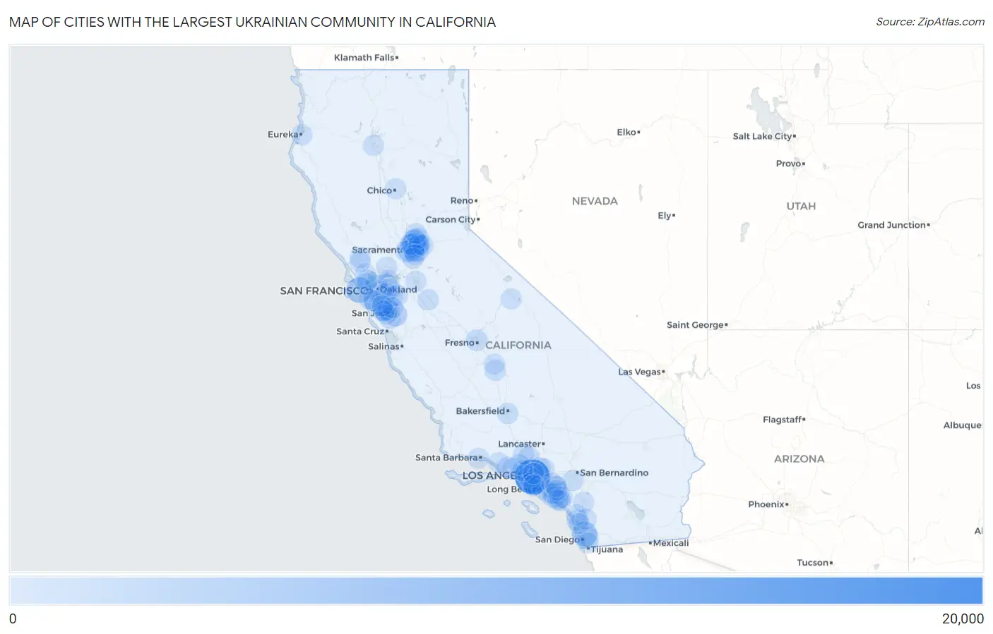 Cities with the Largest Ukrainian Community in California Map