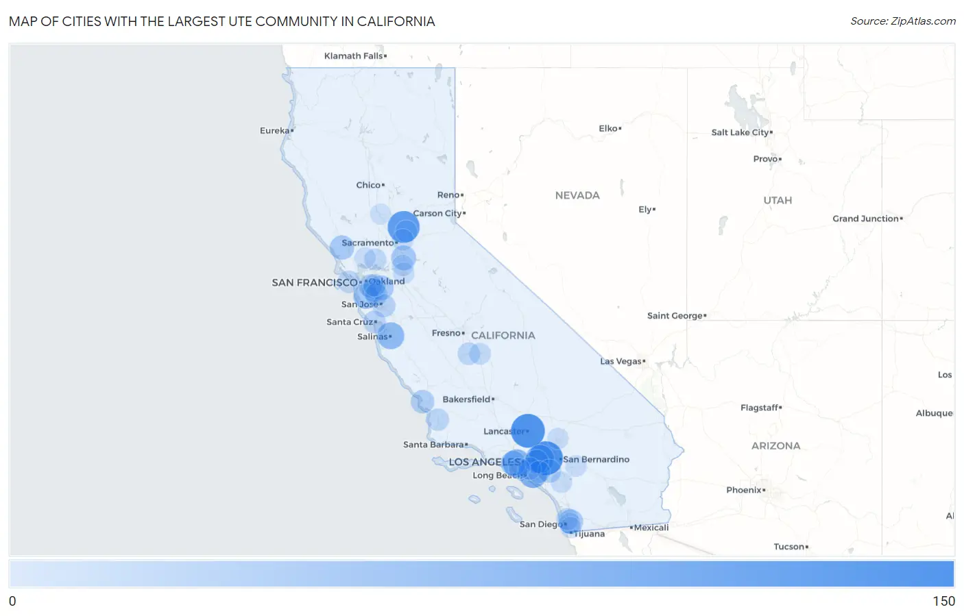 Cities with the Largest Ute Community in California Map