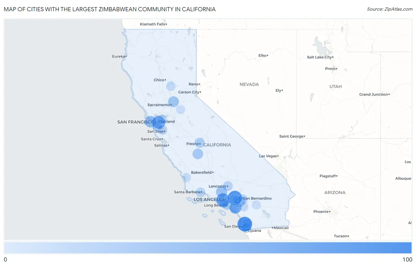 Cities with the Largest Zimbabwean Community in California Map
