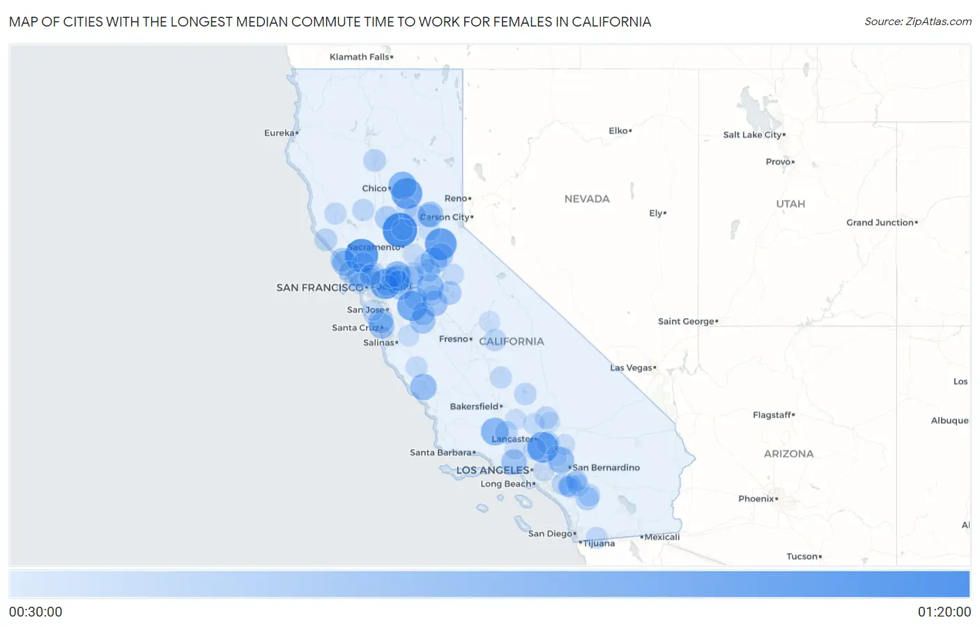 Cities with the Longest Median Commute Time to Work for Females in California Map